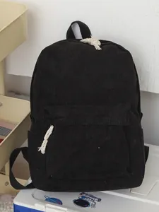 Vintage black corduroy backpack for women with white rope zipper pulls student rucksack