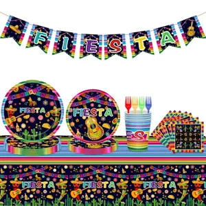 Mexikanisches Fiesta Party-Zubehör Set mit bunten Tellern Bechern und festlicher Tischdecke
