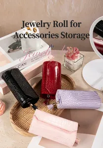 Detailed view of crocodile pattern jewelry rolls in various elegant colors for storage.