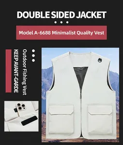 Close-up detail of a cream outdoor multi-pocket utility vest featuring mesh lining