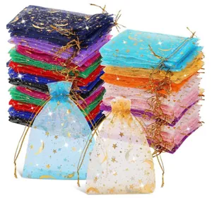 Colorful organza gift bags with gold star and moon foil print and drawstring closure.