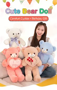Gros plan d'ours en peluche doux de diverses couleurs avec des détails de cœur brodés