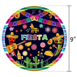 9-Zoll-Papierteller mit mexikanischem Fiesta-Thema und bunten festlichen Illustrationen