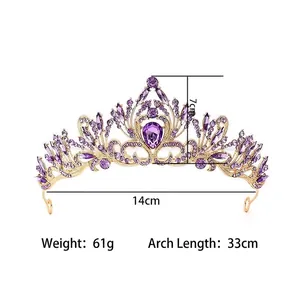Mesures détaillées du diadème doré aux cristaux violets: 14 cm de diamètre et 7 cm de hauteur