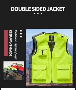 Neon yellow multi-pocket outdoor utility vest detail showing functional pockets