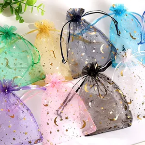 Assorted multi-colored star and moon organza gift bags with gold foil drawstring