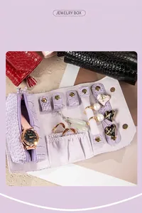 Close-up of purple crocodile pattern jewelry roll with interior organizers and zip pocket