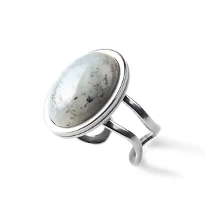 Detailed side view of a geometric silver ring featuring a large oval grey stone