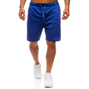 High-quality detail shot of blue men's sports shorts with adjustable drawstring waist.
