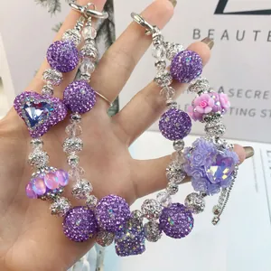 Exquisite handmade purple beaded phone chain with sparkling crystal heart and rose charms