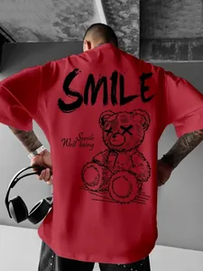 Detailed back view of red oversized t-shirt with gothic bear print and SMILE text