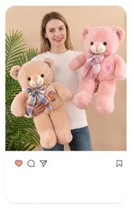 Vue détaillée d'un mannequin asiatique tenant des ours en peluche rose et marron avec nœuds