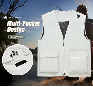 Detailed view of professional cream multi-pocket fishing vest with breathable mesh lining