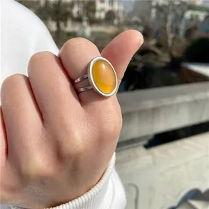 Close-up of minimalist silver ring with a large oval honey-yellow stone