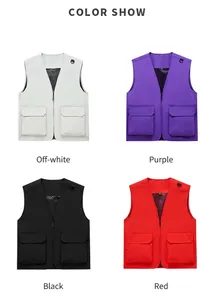 Multi-pocket work vests available in off-white, purple, black, and red colors.
