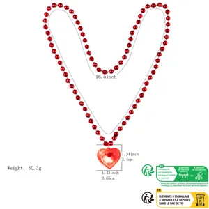 Valentine's Day red beaded necklace with LED glowing heart pendant and dimensions