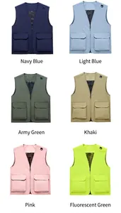 Comprehensive showcase of multi-pocket outdoor utility vests in six vibrant color variants