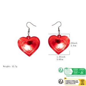 Red LED glowing heart shaped earrings with specific dimension and weight details shown