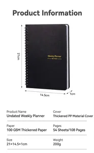 Detailed specifications of the non-dated black spiral weekly planner with 100 GSM paper