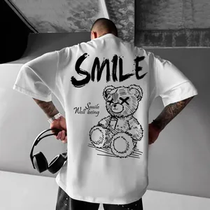 Men Gothic Bear Print Oversized T-Shirt Smile Graphic Cotton Crew Neck Short Sleeve Streetwear Tee Casual Fashion Top