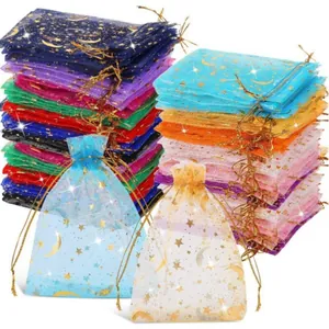 Bronzing Gold Star Moon Organza Drawstring Bags Multiple Sizes Colors Jewelry Packaging Gift Pouch Candy Bag Wedding Christmas Decor