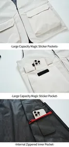 Detailed view of the large capacity Velcro and interior zip pockets of the vest