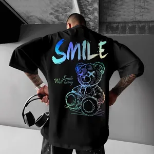 Black oversized men's streetwear t-shirt featuring colorful gradient smile bear print design