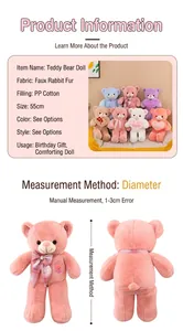 Spécifications et guide de mesure pour un ours en peluche de 55 cm en plusieurs couleurs.