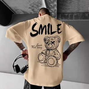 Oversized men's streetwear T-shirt with gothic SMILE bear print on the back