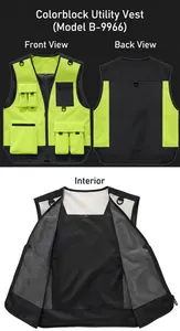 Detailed multi-view of high-visibility multi-pocket work vest with breathable mesh lining