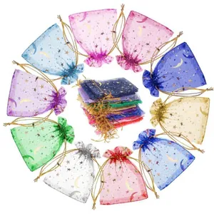 Star and moon organza drawstring gift bags in assorted colors for jewelry packaging