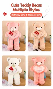 Divers ours en peluche doux en quatre couleurs tenant des cœurs brodés d'amour