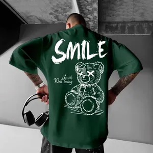 Dark green men's oversized streetwear T-shirt with white gothic bear graphic print on back