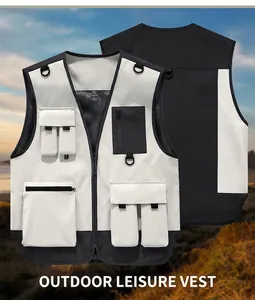 Front and back views of a multi-pocket outdoor utility vest featuring contrast colors