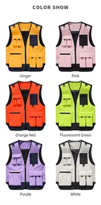Detailed showcase of multi-pocket utility vests in six vibrant color variations.