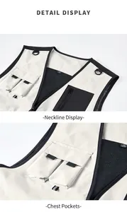 Detail view of multi-pocket utility vest showing reinforced stitching and mesh lining
