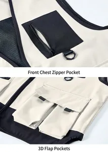 Close-up of multi-pocket work vest showing zippered chest pocket and 3D flap pockets.