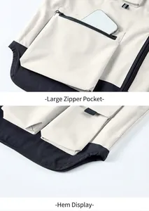 Detail of outdoor workwear vest showing large zippered pocket and hem construction.