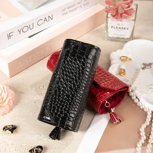 Elegant faux leather crocodile pattern jewelry roll pouch in black and red for travel storage