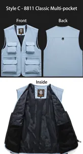 Detailed views of a light blue multi-pocket utility vest showing front and back.