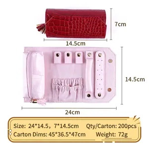 Portable crocodile pattern jewelry roll organizer made of soft velvet for travel