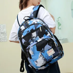 Large capacity blue camouflage fashion backpack for students with ergonomic shoulder straps