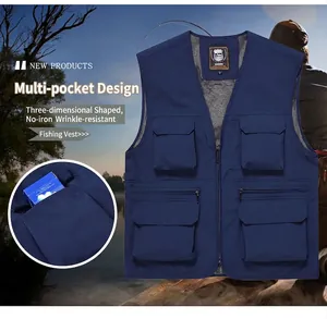 Detail of multi-pocket fishing vest showing durable fabric and functional storage design