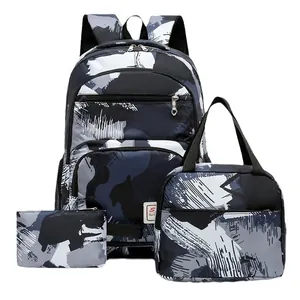 High-capacity 3-piece abstract camo backpack set including lunch bag and pencil case