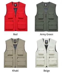 Utility vests with multiple pockets shown in four colors for outdoor and work use
