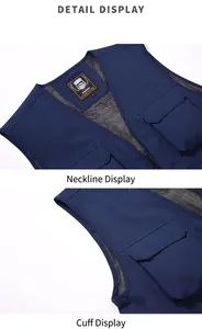Detail view of multi-pocket work vest showing neckline and pocket features