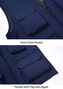 Detail view of the chest pocket and flap zipper pockets on the blue work vest.