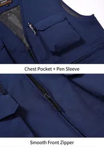 Detailed close-up of navy blue multi-pocket work vest showing chest pocket and zipper