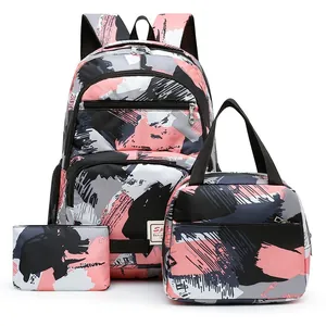Large capacity 3-piece student backpack set with stylish pink abstract brushstroke pattern