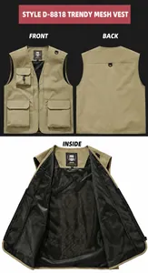 Detailed views of a khaki multi-pocket utility vest showing front, back, and breathable mesh lining.